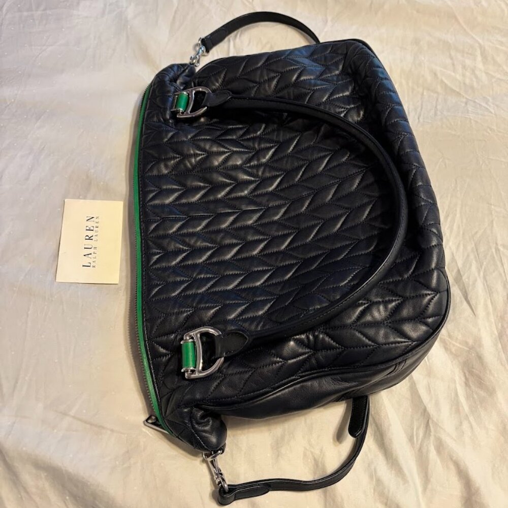 RALPH LAUREN Navy/Green Quilted Leather Bag with Dust Bag - Excellent Condition - Picture 4 of 16